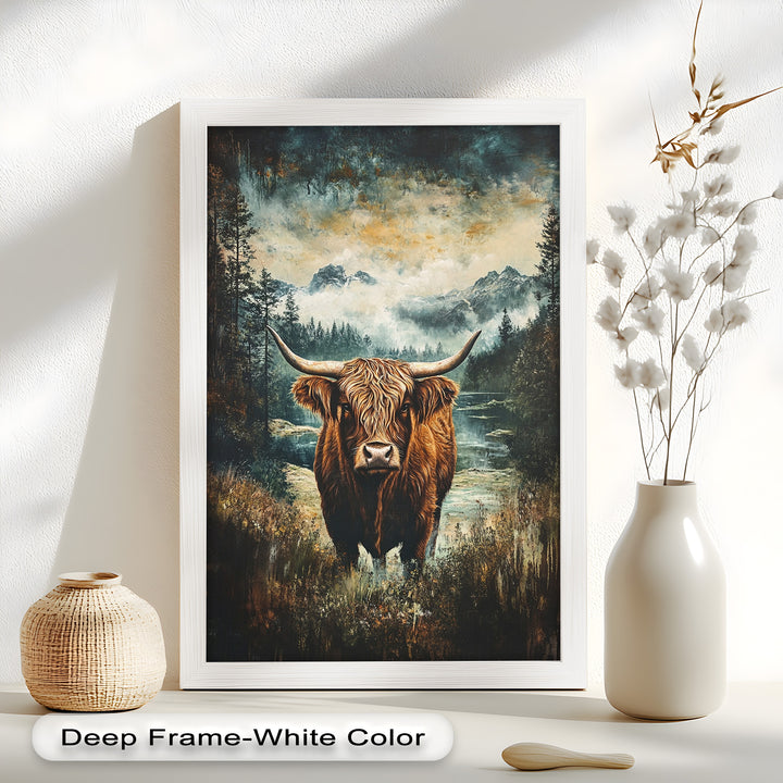 Highland Cow in Misty Pines – Wilderness Oil Painting