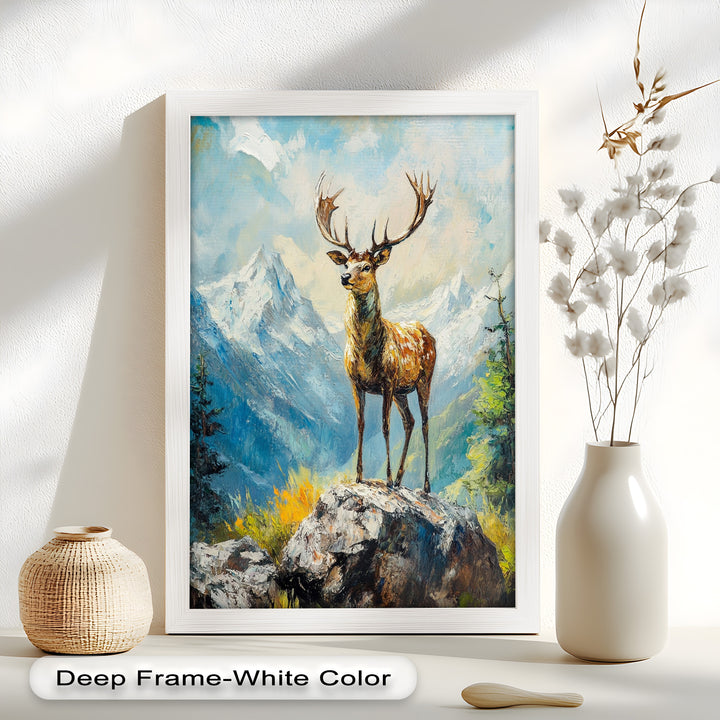 Stag in Mountain Landscape - Animal Oil Painting