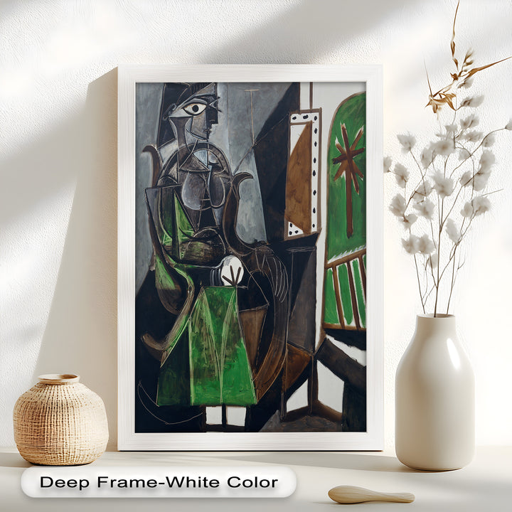 Figure by the Window – Abstract Green Interior Picasso Oil Painting