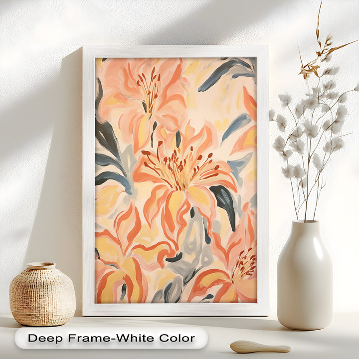 Sunlit Lilies – Abstract Coral Flower Oil Painting
