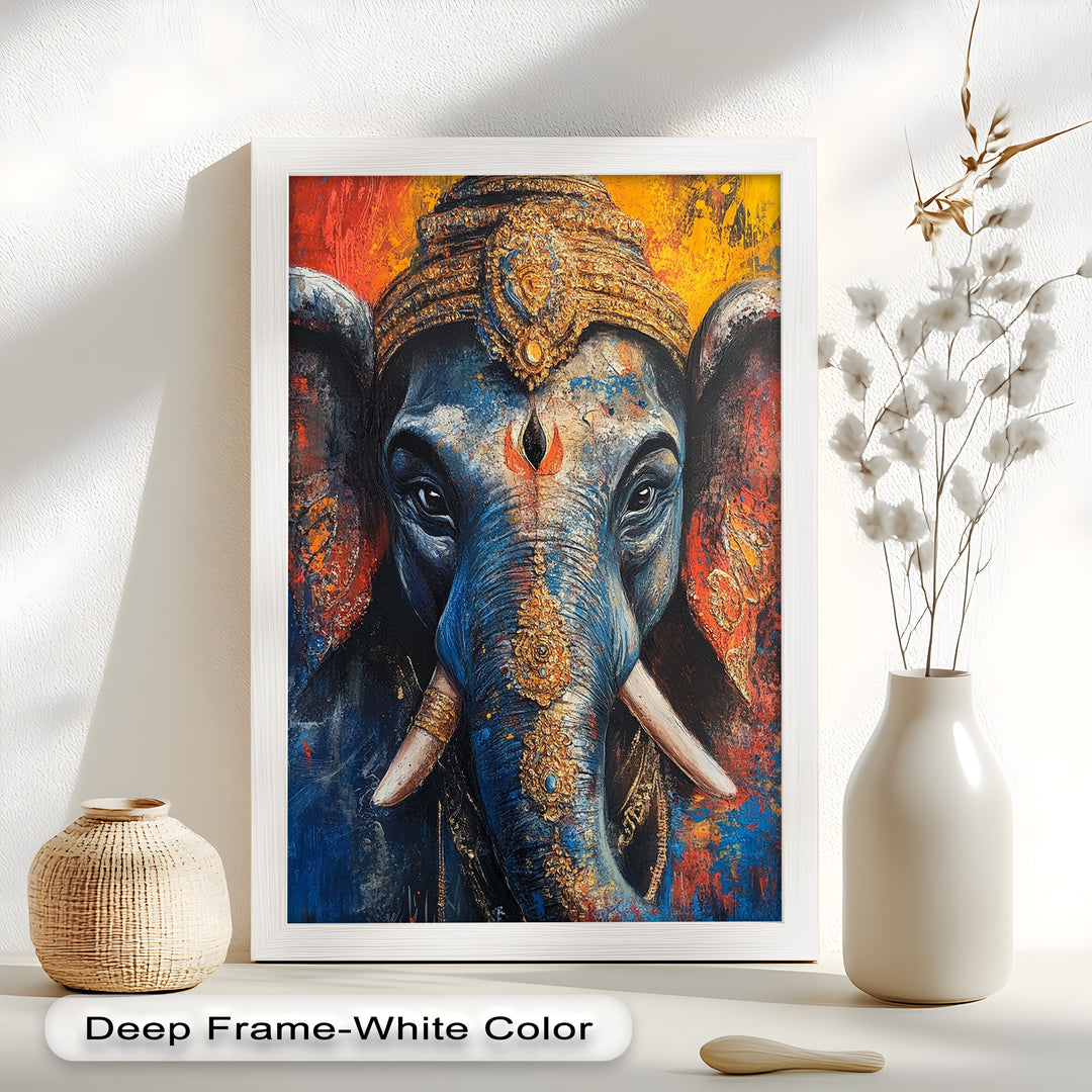 A striking close-up of Ganesha's face, painted in bold blue with intricate golden details and a radiant red-orange backdrop.