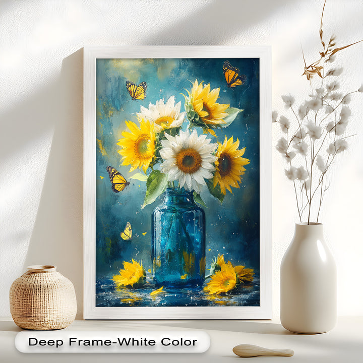 Sun-Kissed Radiance – Sunflowers in Blue Jar Flower Oil Painting