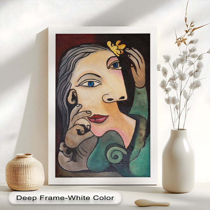 Whimsical Bloom – Surreale Frau mit gelber Blume Picasso Ölgemälde