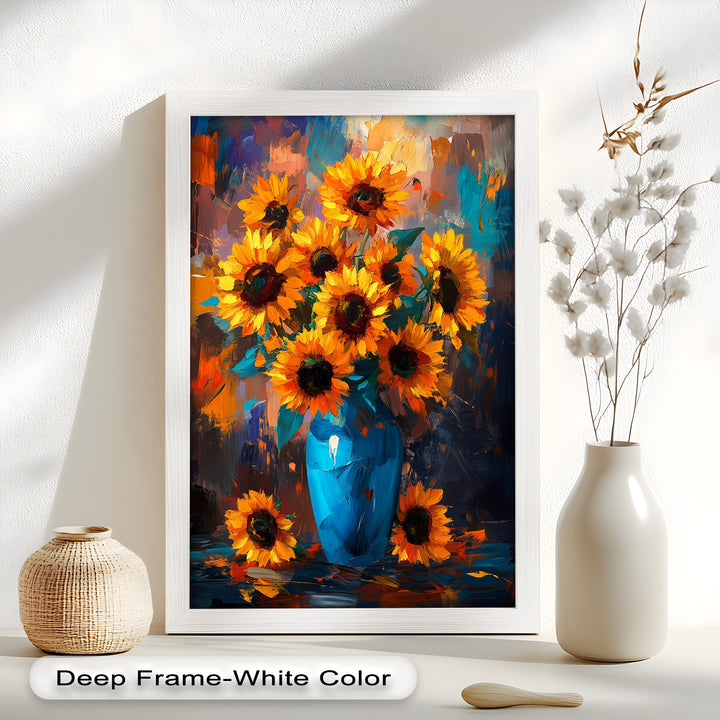 Sunlit Joy – Bold Sunflowers in Blue Vase Oil Painting