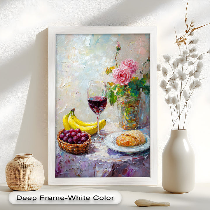 Bananas, grapes, and a flaky croissant rest on a floral-covered table, creating a cozy and inviting composition that celebrates everyday beauty.

