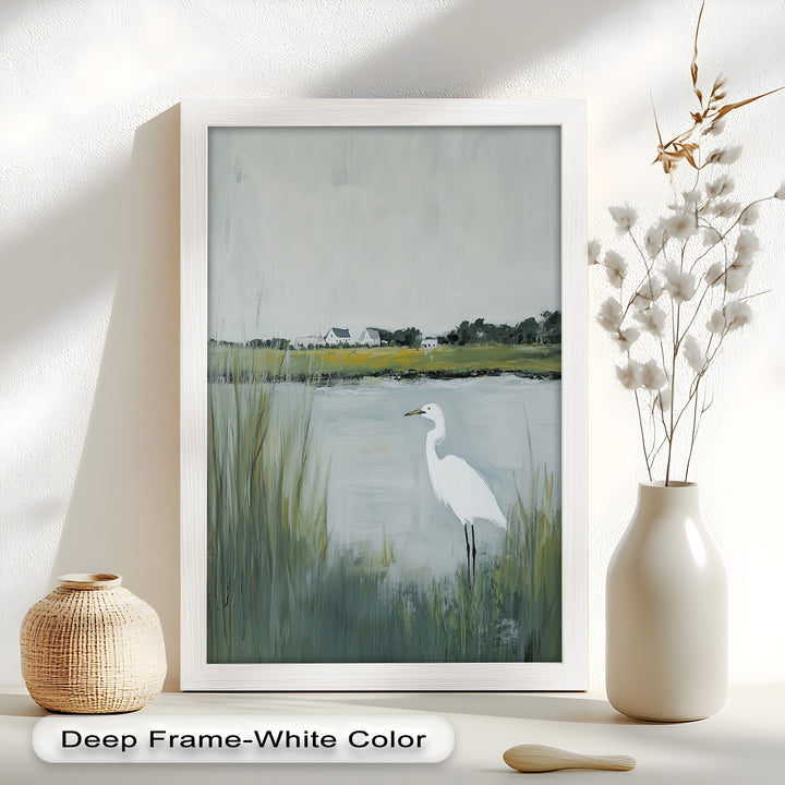 Egret by the Marsh – Minimalist Landscape Oil Painting