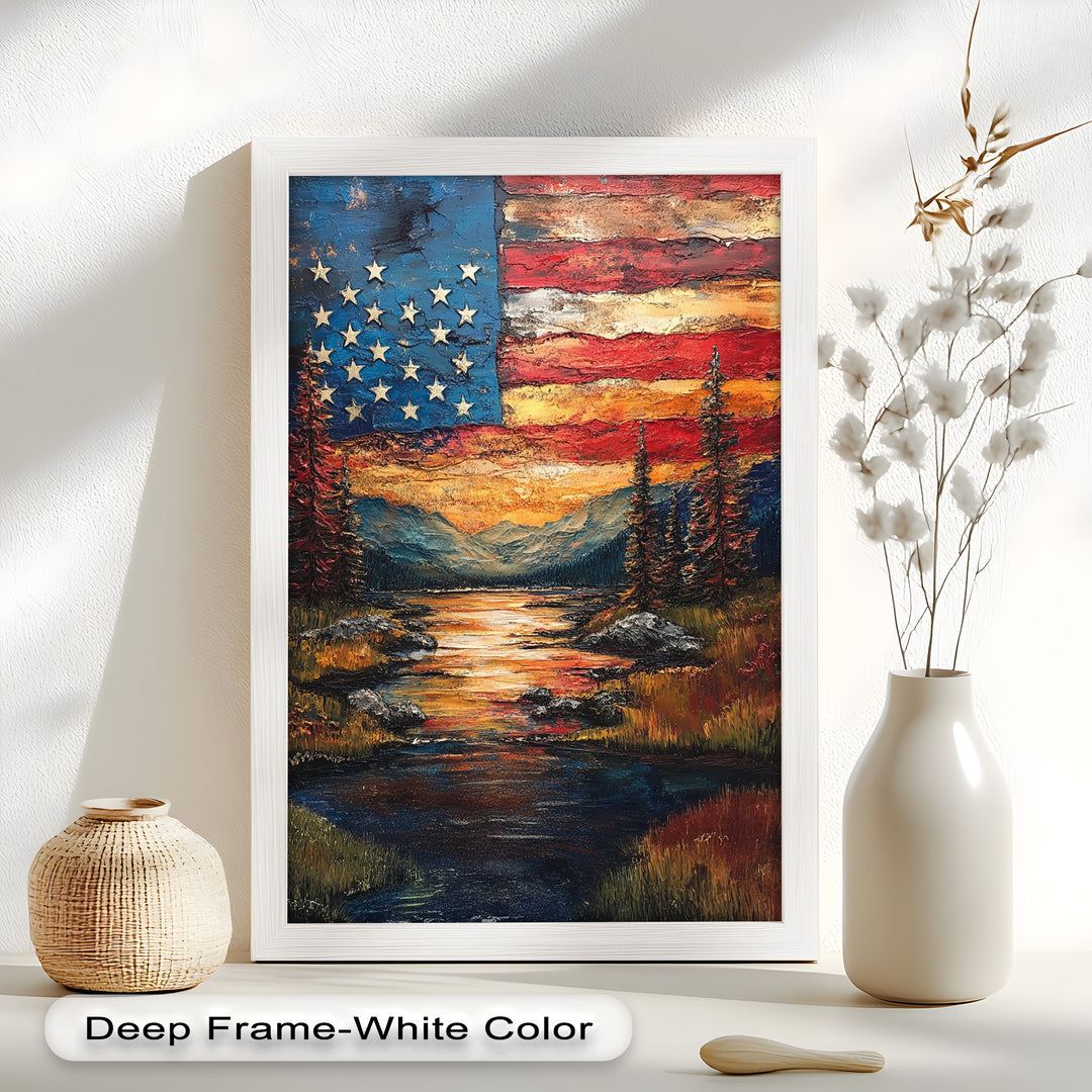 Amerikanische Flagge Sonnenuntergang Landschaft - Patriotisches Ölgemälde