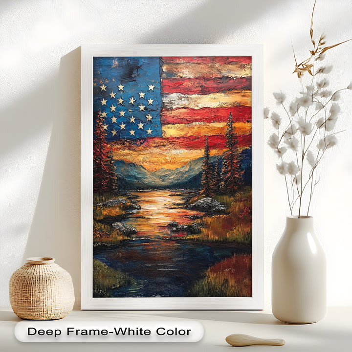 Amerikanische Flagge Sonnenuntergang Landschaft - Patriotisches Ölgemälde