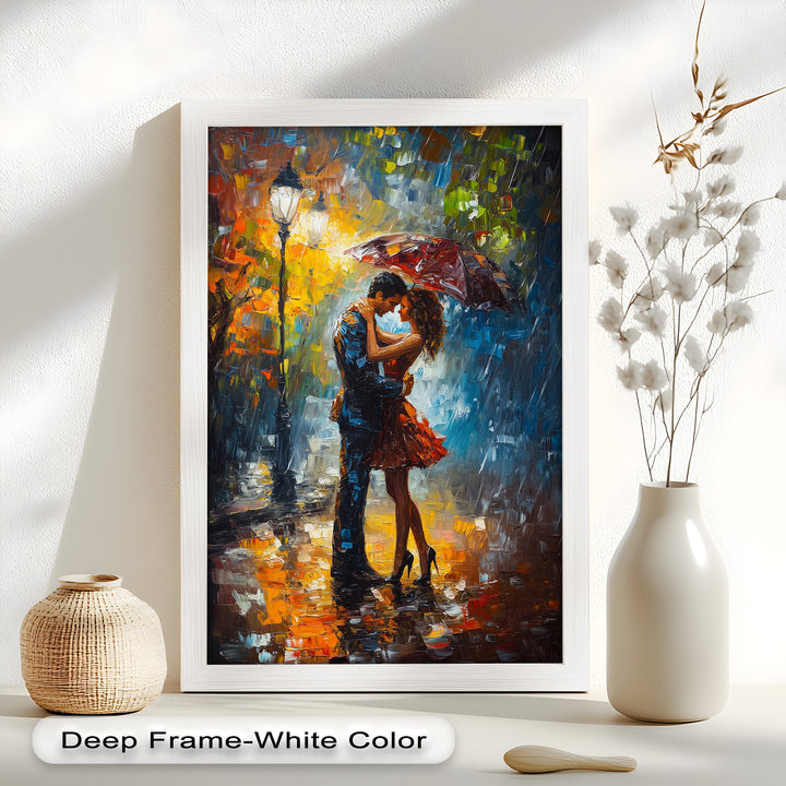 Evening Embrace – Romantic Rainy Street Scene Love Oil Painting