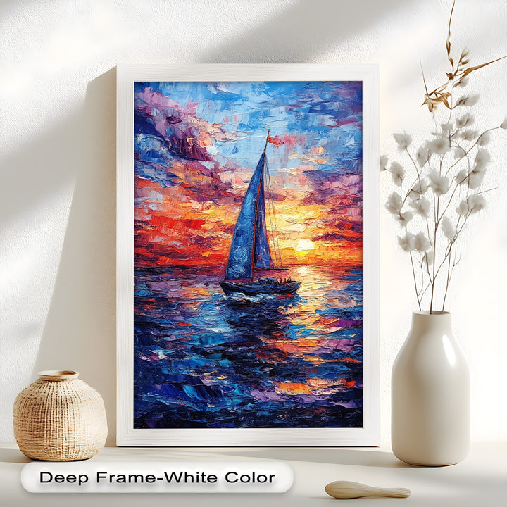 Crimson Horizon – Sunset Voyage Boat Oil Painting