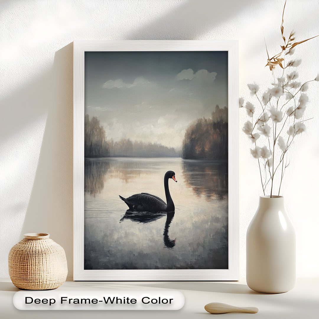 Black Swan at Dusk – Lake Scene Oil Painting