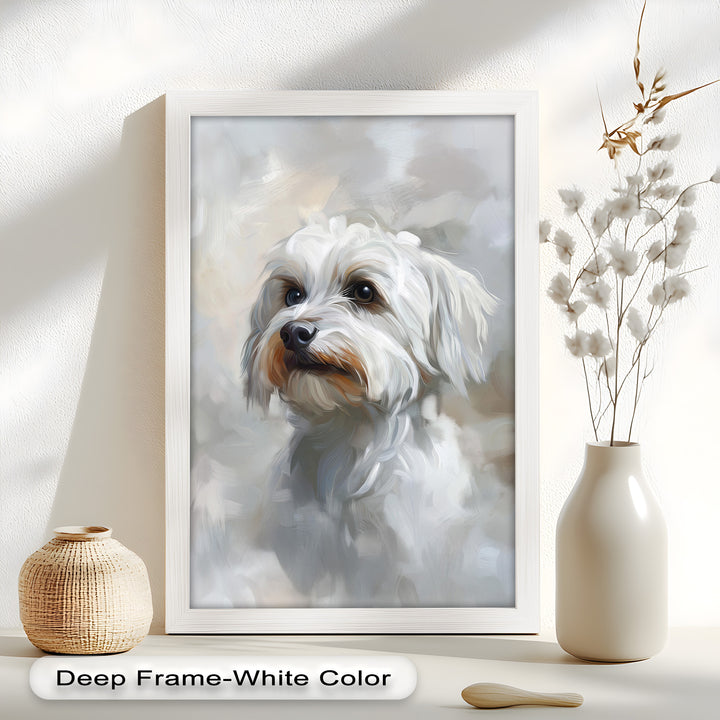Snowy Gaze – White Maltese Portrait Animal Oil Painting