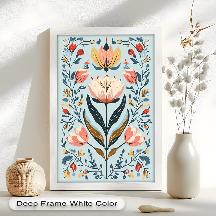 Folk-inspirierte Tulpenharmonie – Boho-Blumenölgemälde