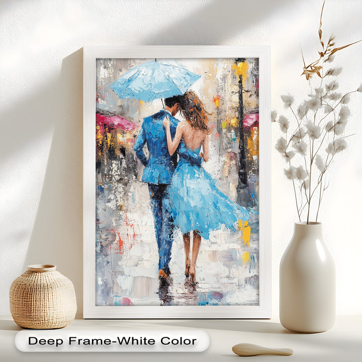 Romantic Couple Strolling in Rain - Love Oil Painting