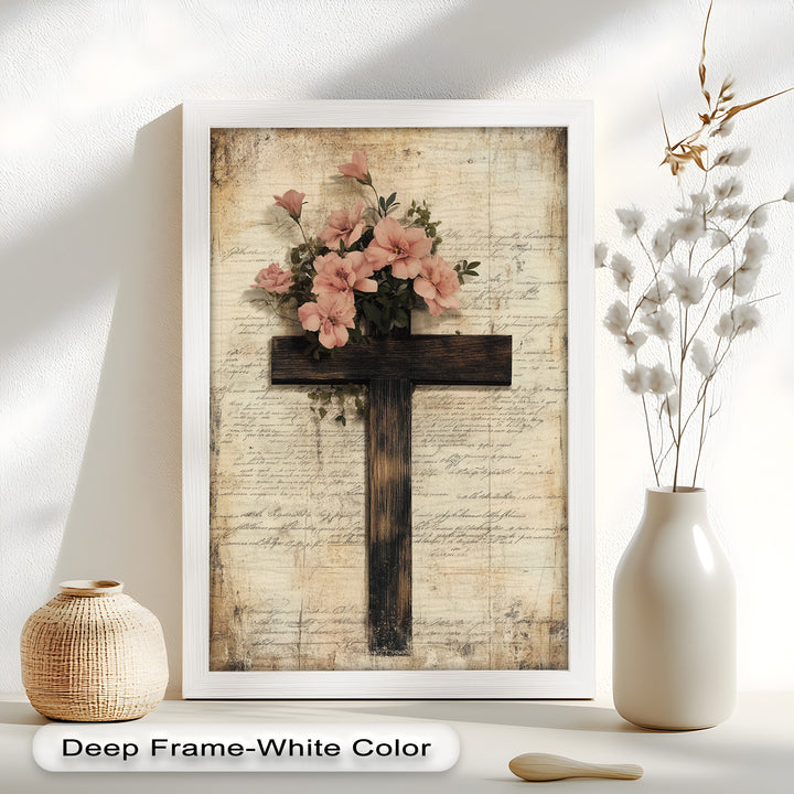 Holzkreuz mit rosa Blüten - Christliches Ölgemälde
