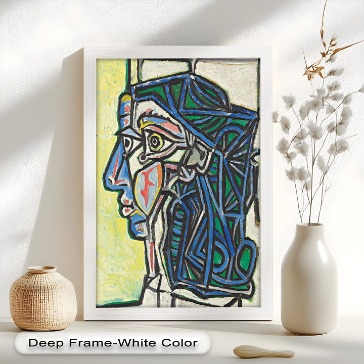 Angular Gaze – Geometric Portrait with Blue and Green Lines Picasso Oil Painting