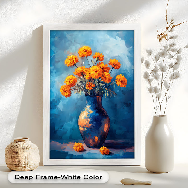 Golden Marigolds in Midnight Blue – Flower Oil Painting