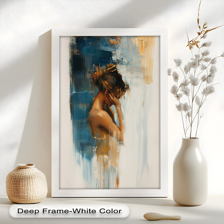 Veil of Thought – Introspective Woman in Blue and Gold Abstract Oil Painting