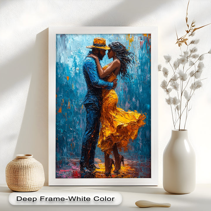 Midnight Embrace – Vibrant Couple in Yellow Dress Oil Painting