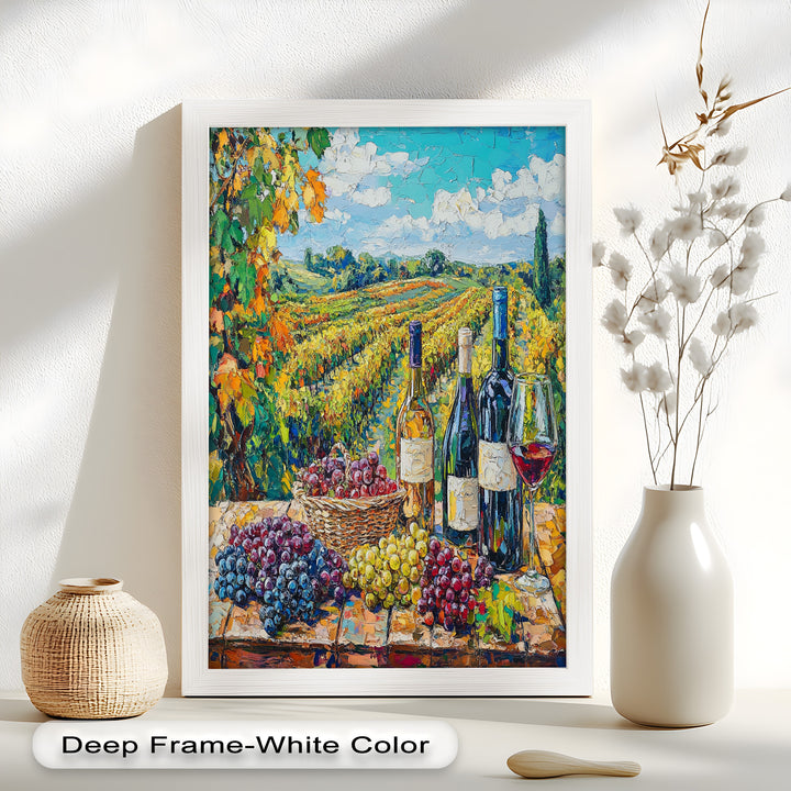 Wine Bottles and Grapes in Sunlit Fields - Still Life Oil Painting