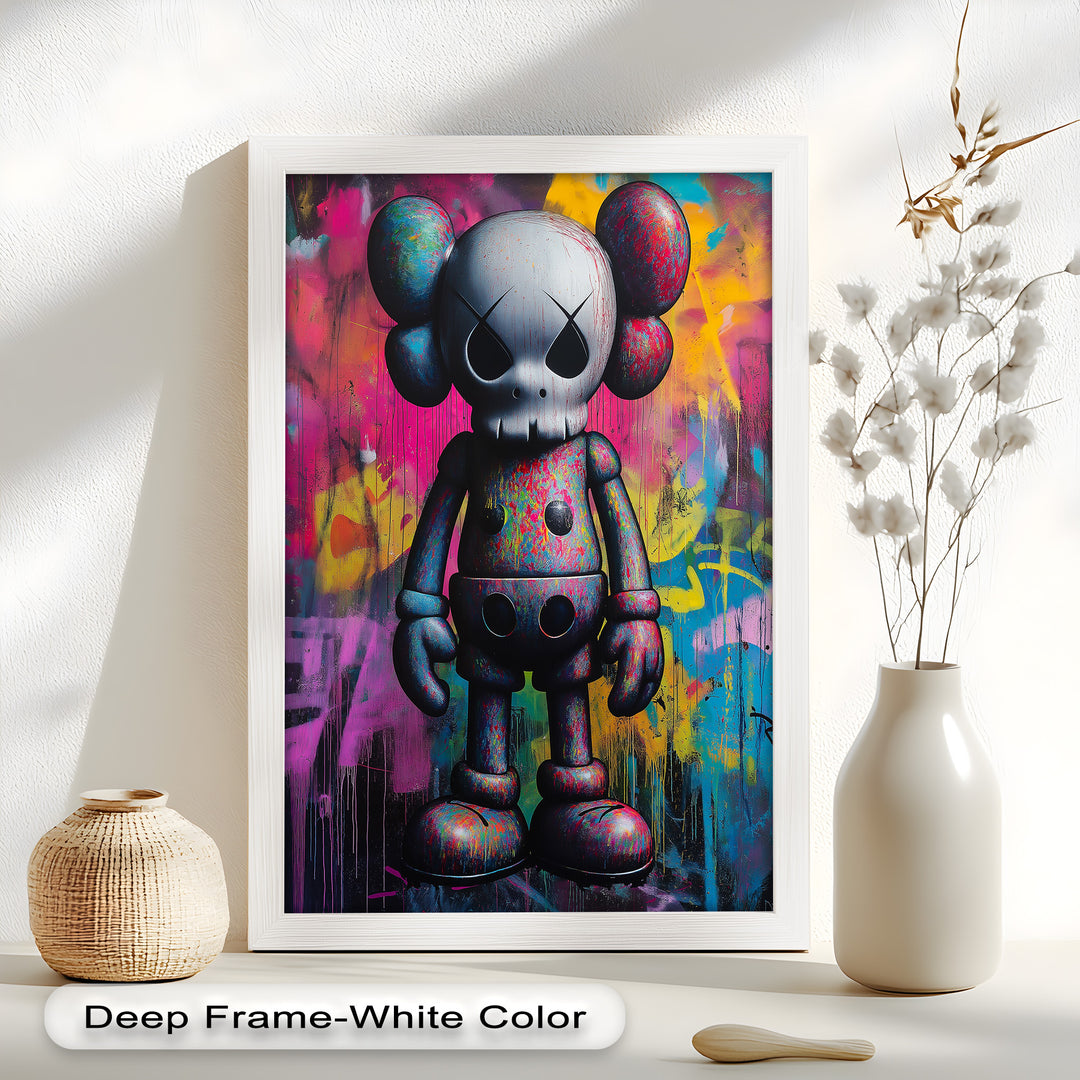 Neon Skull Companion – Mehrfarbiges KAWS-Ölgemälde