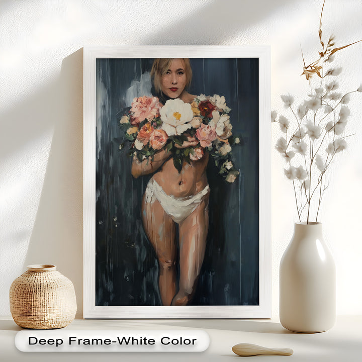 Floral Embrace – Abstract Nude with Blooming Bouquet Oil Painting