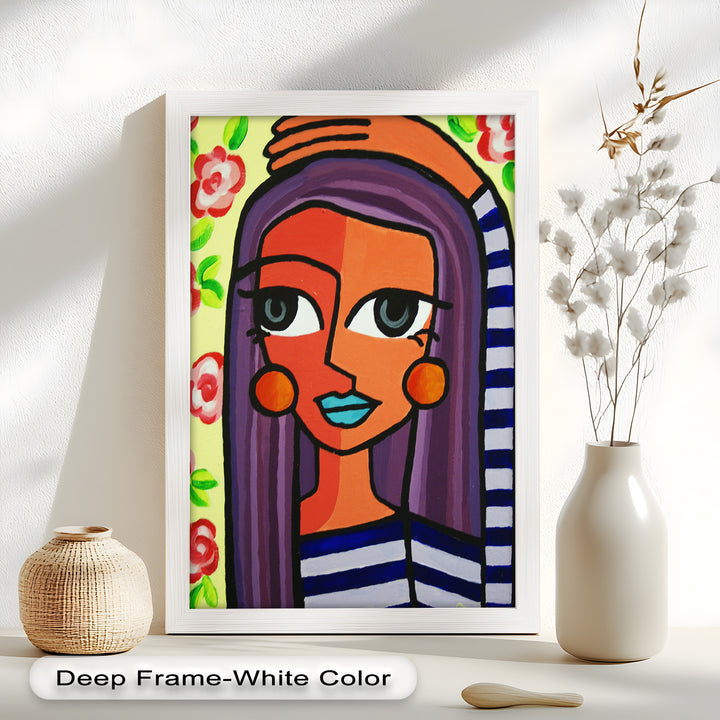 Striped Radiance – Playful Woman with Purple Hair Picasso Oil Painting