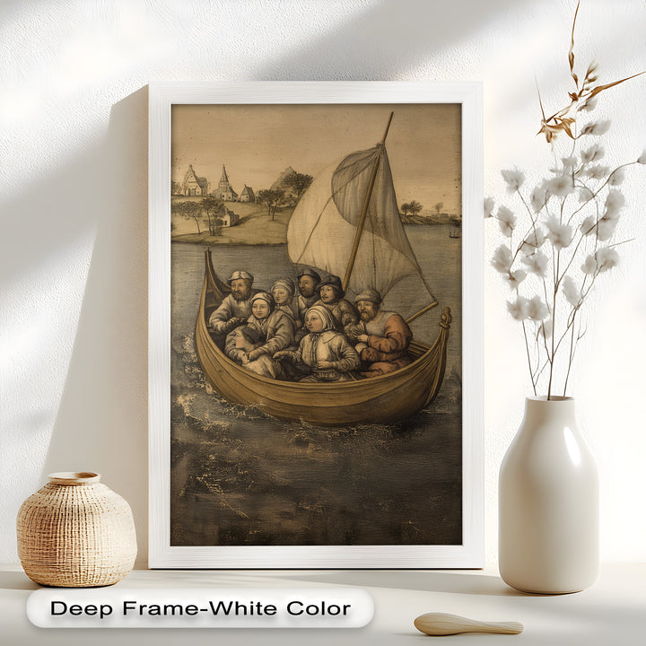 Medieval Sailors in Wooden Vessel - Historic Oil Painting