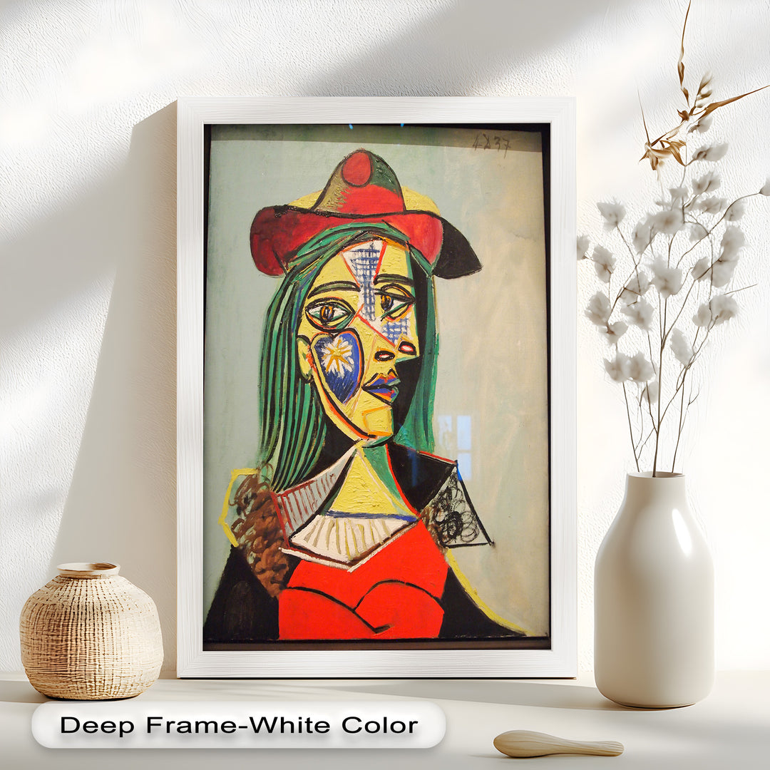 Strahlender Blick – Frau mit rotem Hut, kubistisches Porträt, Picasso-Ölgemälde