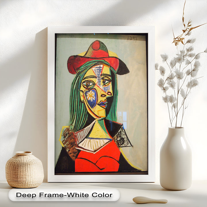 Strahlender Blick – Frau mit rotem Hut, kubistisches Porträt, Picasso-Ölgemälde