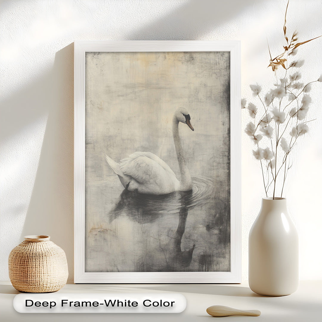 Silent Grace – Monochrome Swan on Still Water Oil Painting