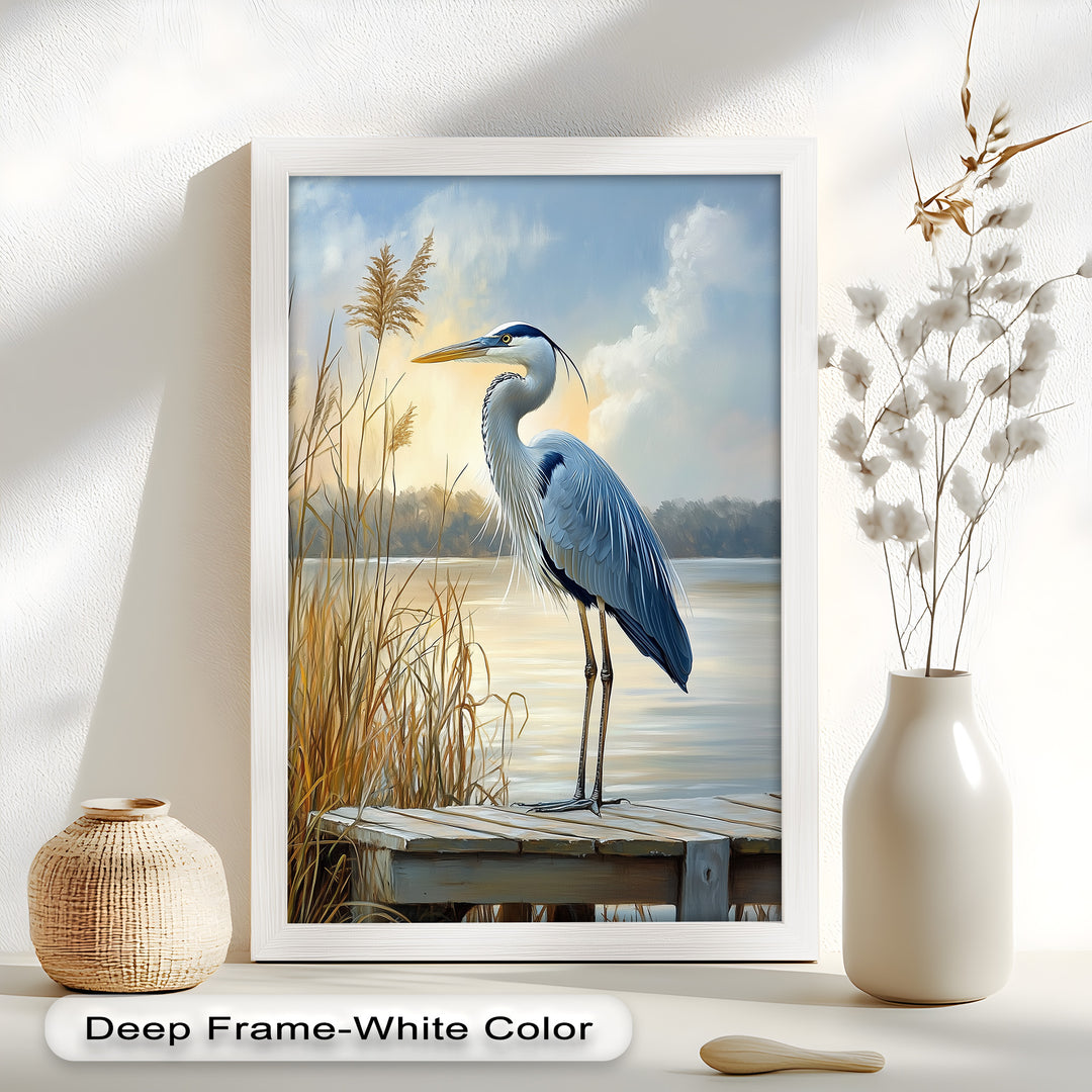 Majestic Heron in Misty Marshland - Animal Oil Painting