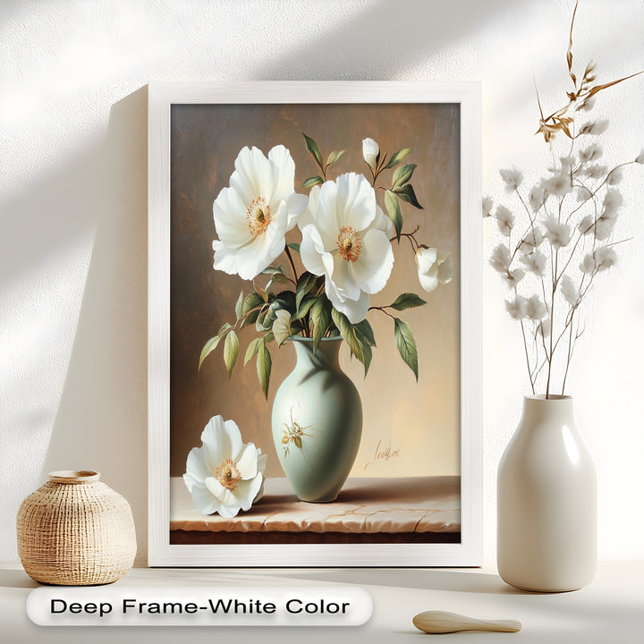 White Peony Still Life – Classic Floral Arrangement Flower Oil Painting