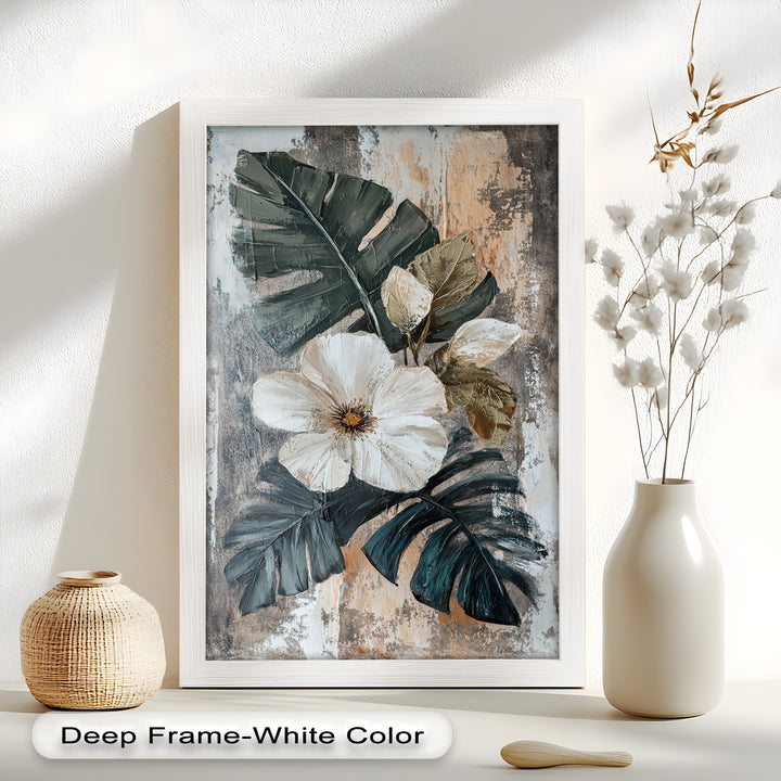 White Bloom and Tropical Leaves - Flower Oil Painting