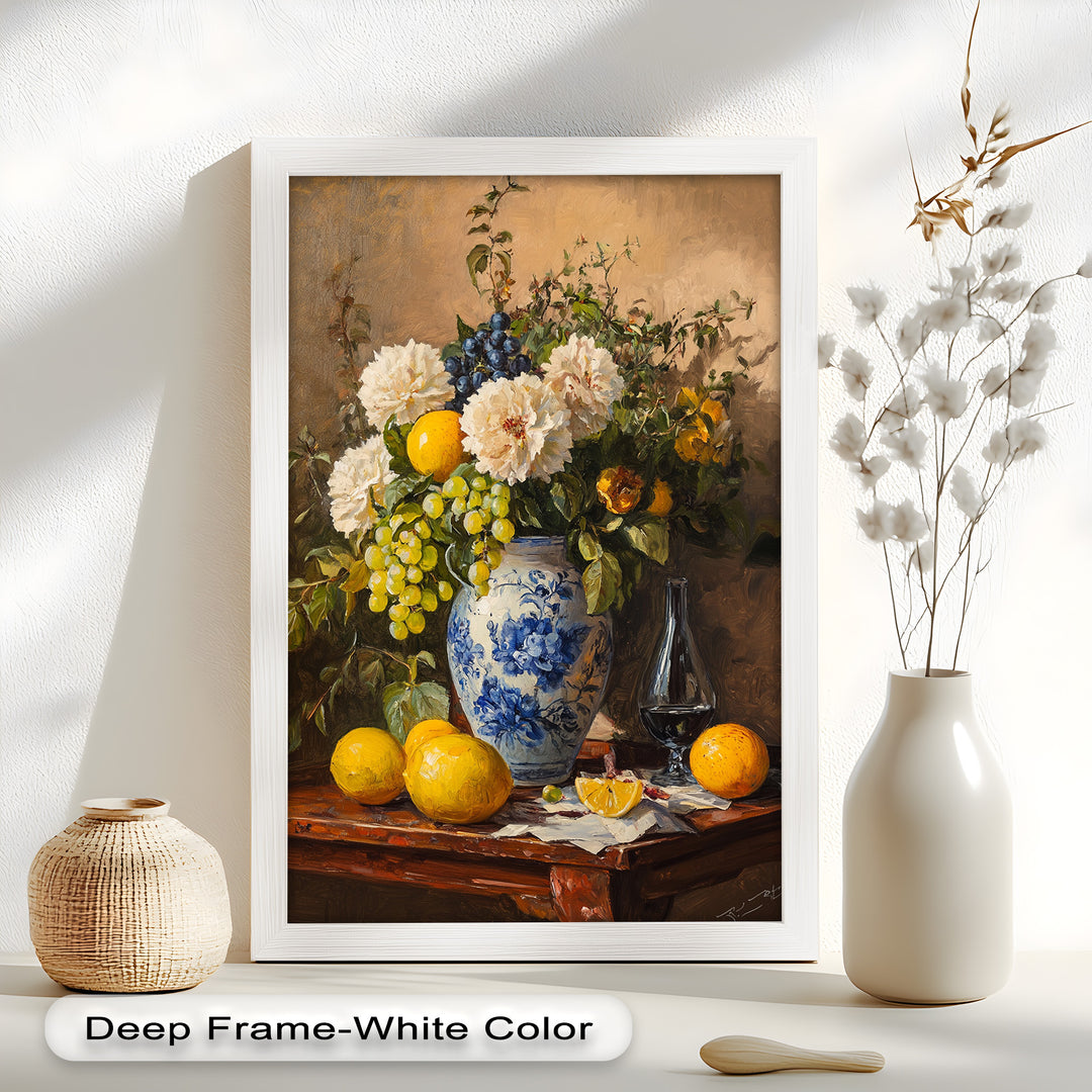 A beautifully composed still life scene with white flowers, lush greenery, lemons, grapes, and a wine glass, radiating classical charm.