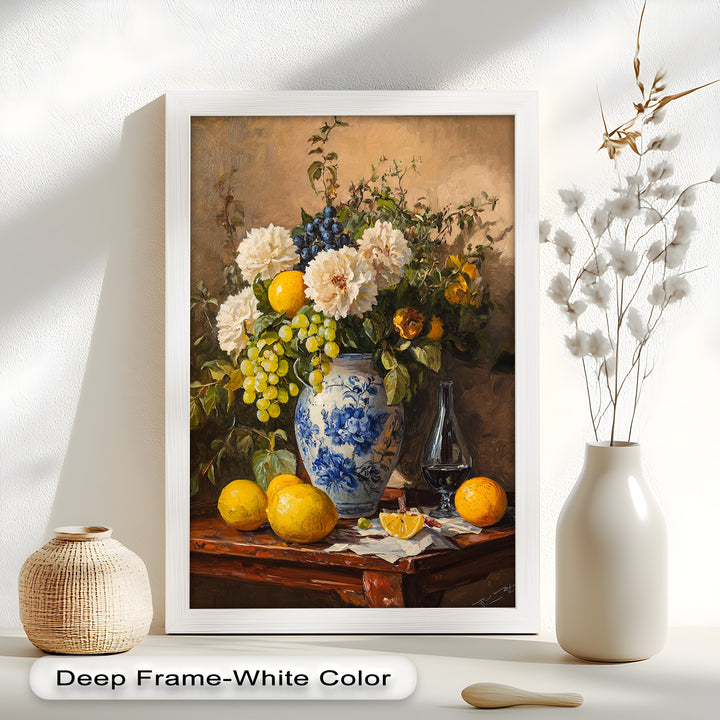 A beautifully composed still life scene with white flowers, lush greenery, lemons, grapes, and a wine glass, radiating classical charm.