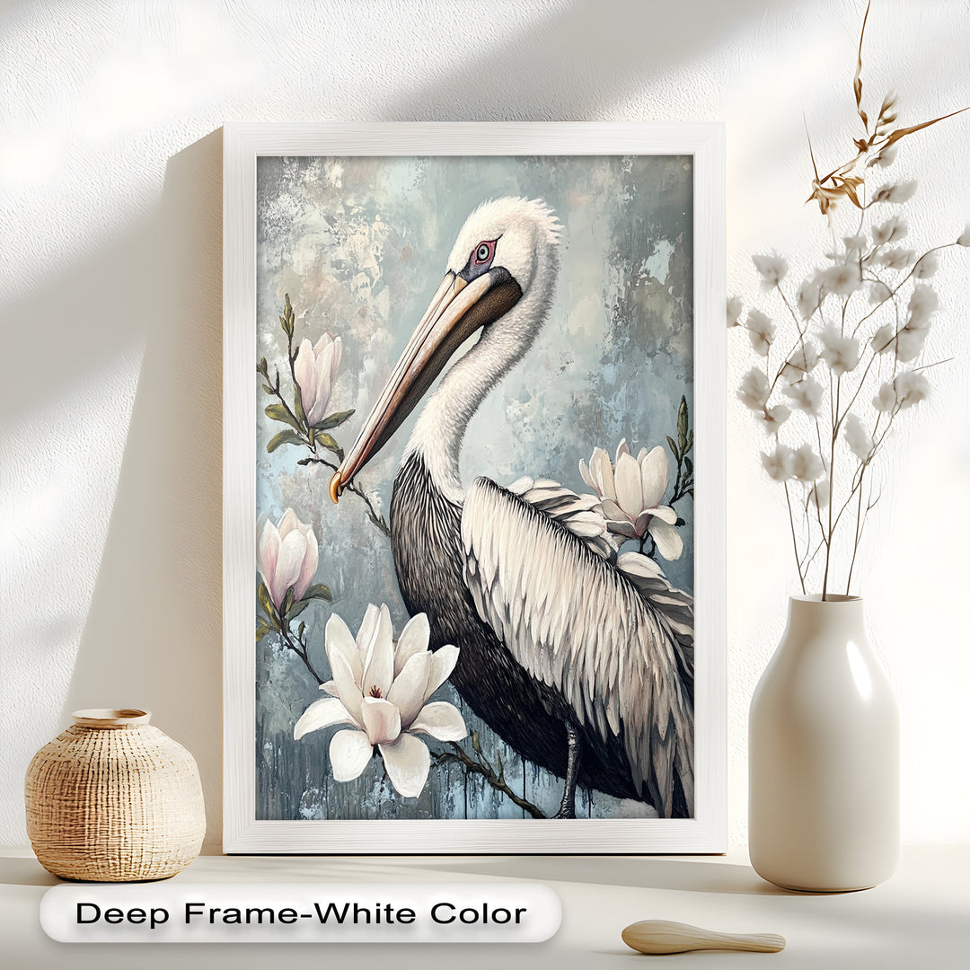 White Pelican Among Magnolia Blossoms - Animal Oil Painting
