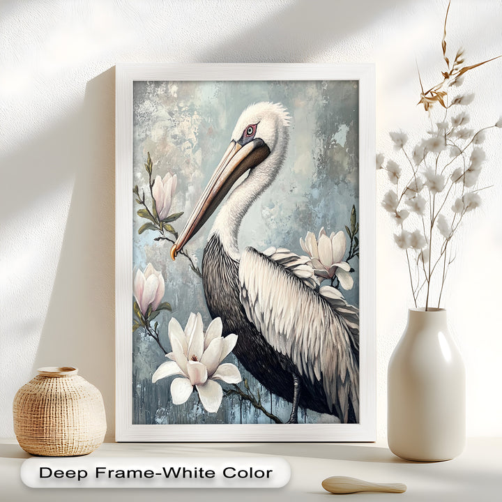 White Pelican Among Magnolia Blossoms - Animal Oil Painting