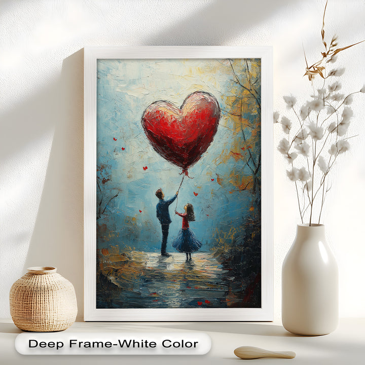 Romantic Red Heart Balloon Scene - Love Oil Painting