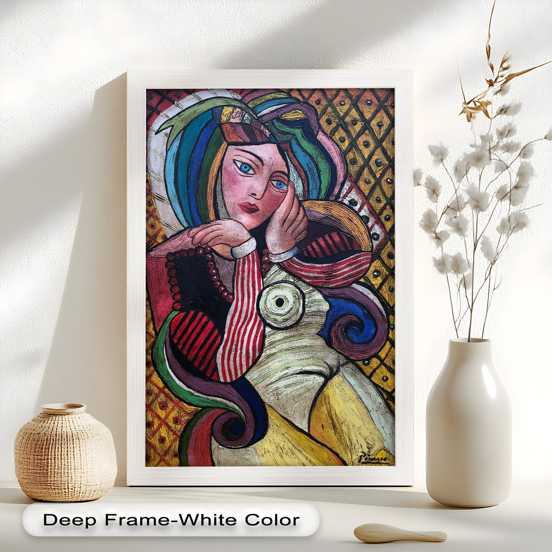 Melancholy in Stripes – Colorful Cubist Woman Portrait Picasso Oil Painting