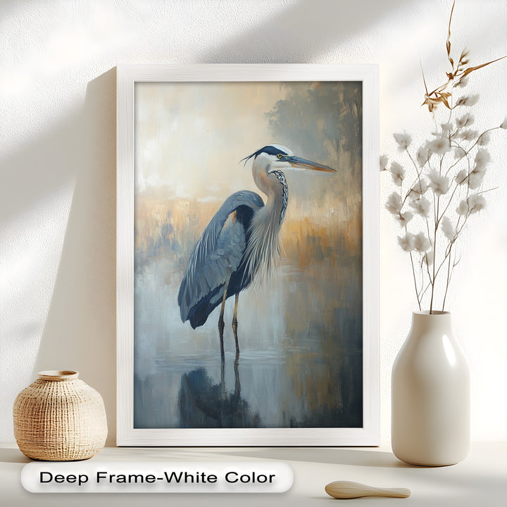 Heron in Misty Marshland - Framed Oil Painting