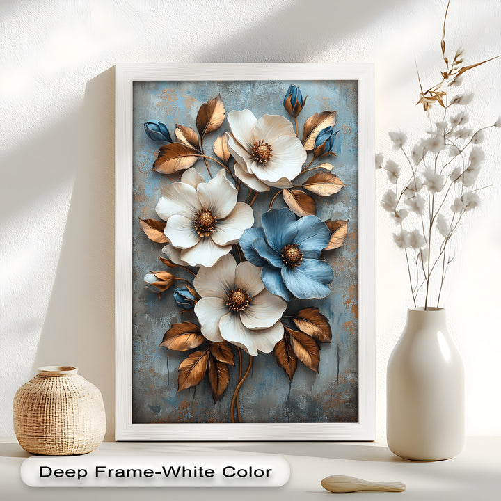 Gilded Petals – Luxuriöses Ölgemälde mit weißen und blauen Blumen