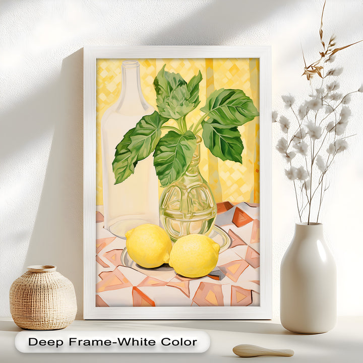 A modern take on classic still life, this painting brings energy and optimism through its sunny palette and minimalistic charm.