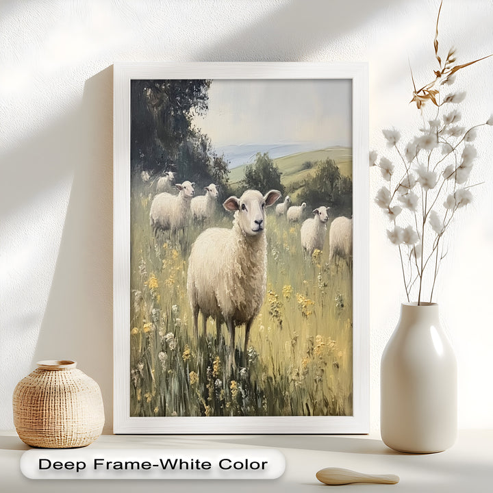 Sheep in Spring Meadow – Pastoral Oil Painting