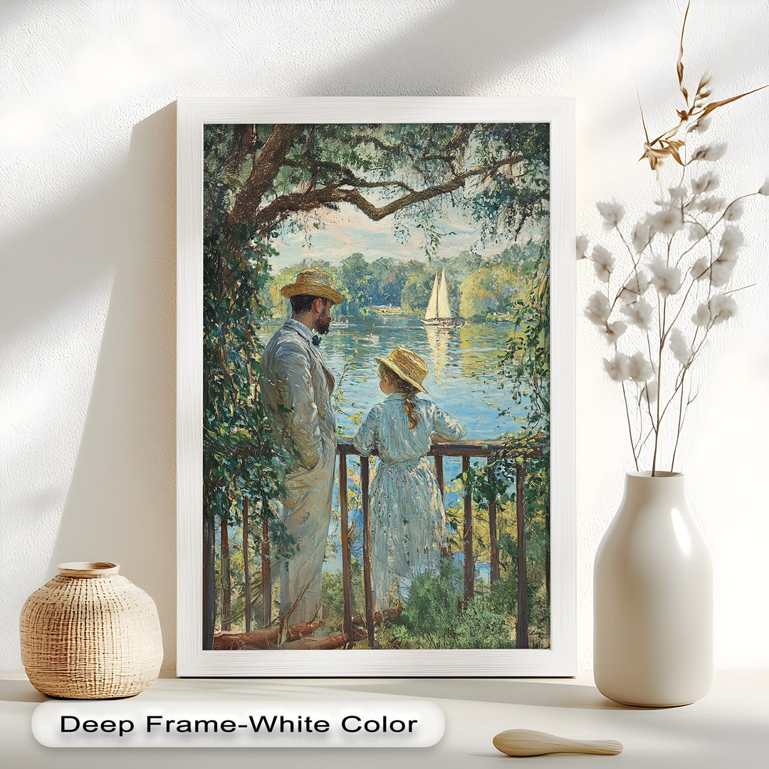 Father and Daughter by the Lake - Impressionist Oil Painting