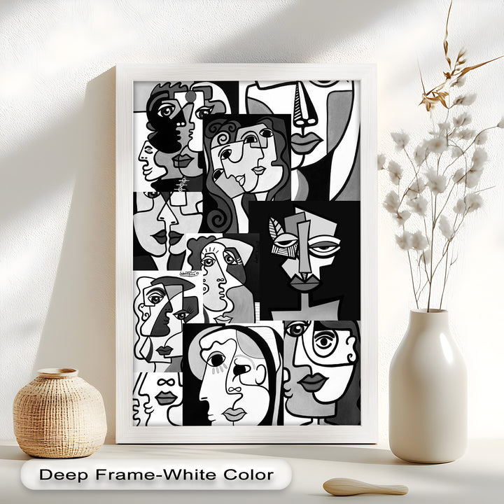 Monochrome Muse – Picasso-inspiriertes Ölgemälde mit kubistischen Gesichtern