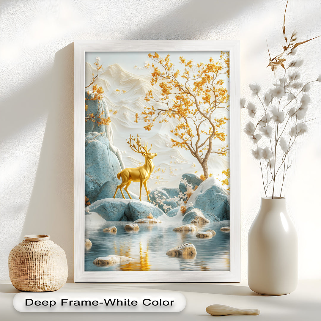 Golden Deer in Snowy Mountain - Animal Oil Painting