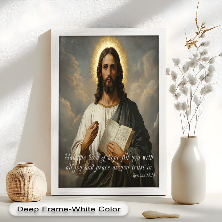 Hope and Peace – Religious Painting of Christ Holding Scripture
