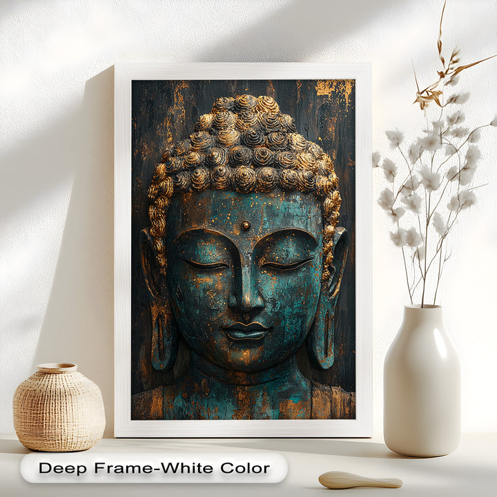 A peaceful Buddha face carved in turquoise tones with golden highlights, symbolizing mindfulness and inner stillness.