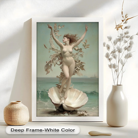 Vertical rectangular oil painting art prints depicting Venus rising from a seashell evokes classical Renaissance style and grace with the ocean in the background.